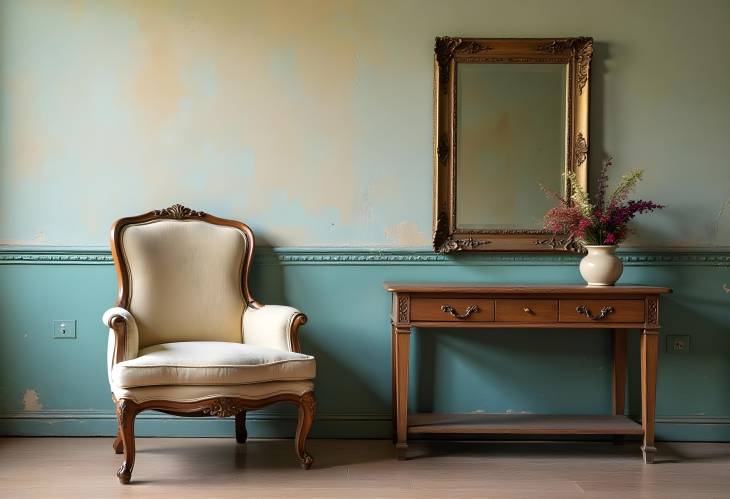 Charming Old Chair, Mirror, and Table Set Against a Vintage Wall